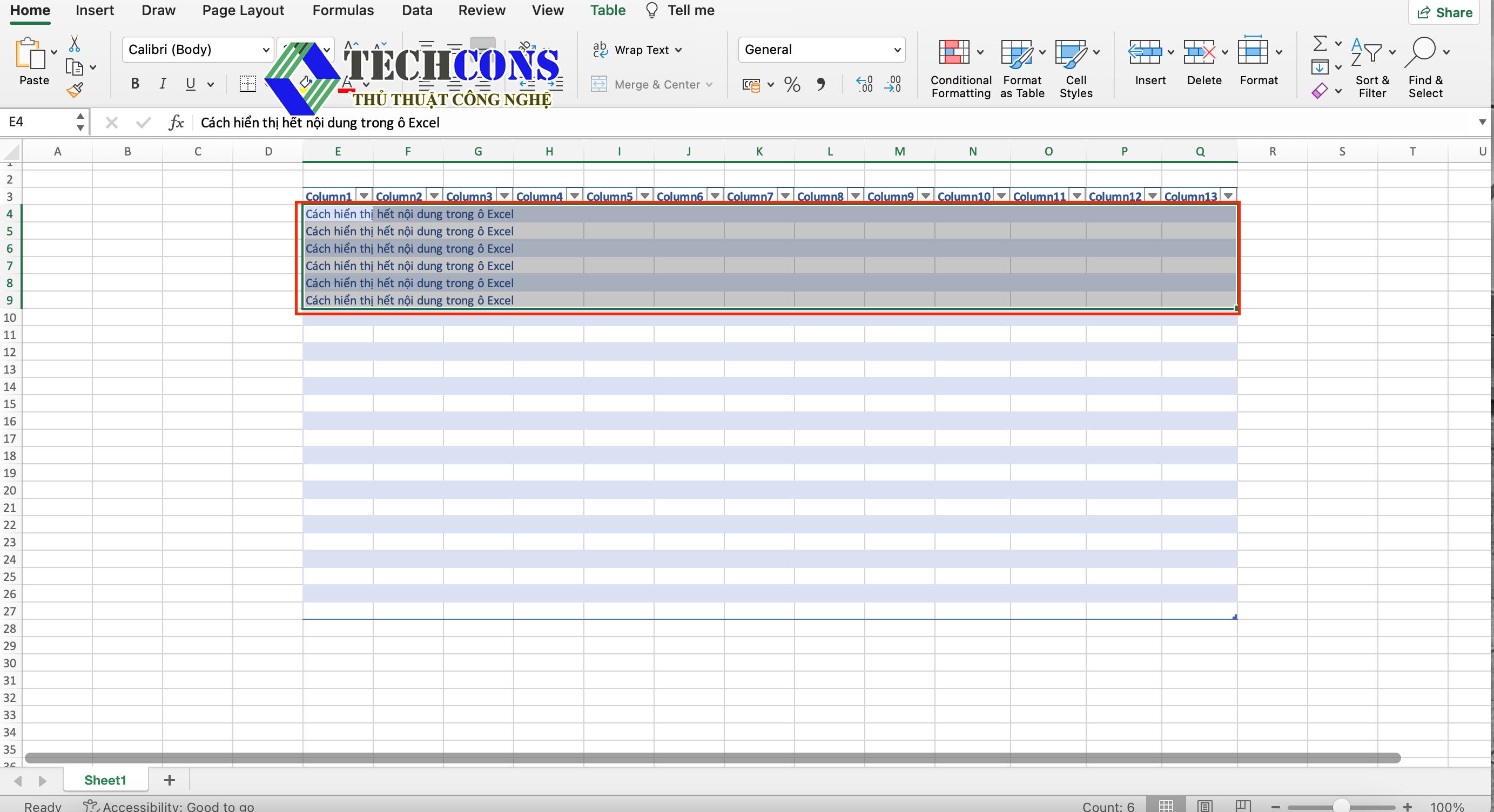 Cách hiển thị hết nội dung trong ô Excel