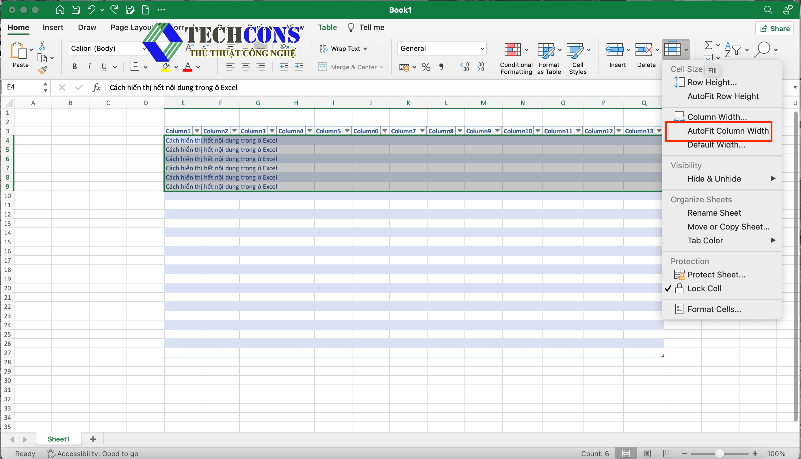 Cách hiển thị hết nội dung trong ô Excel